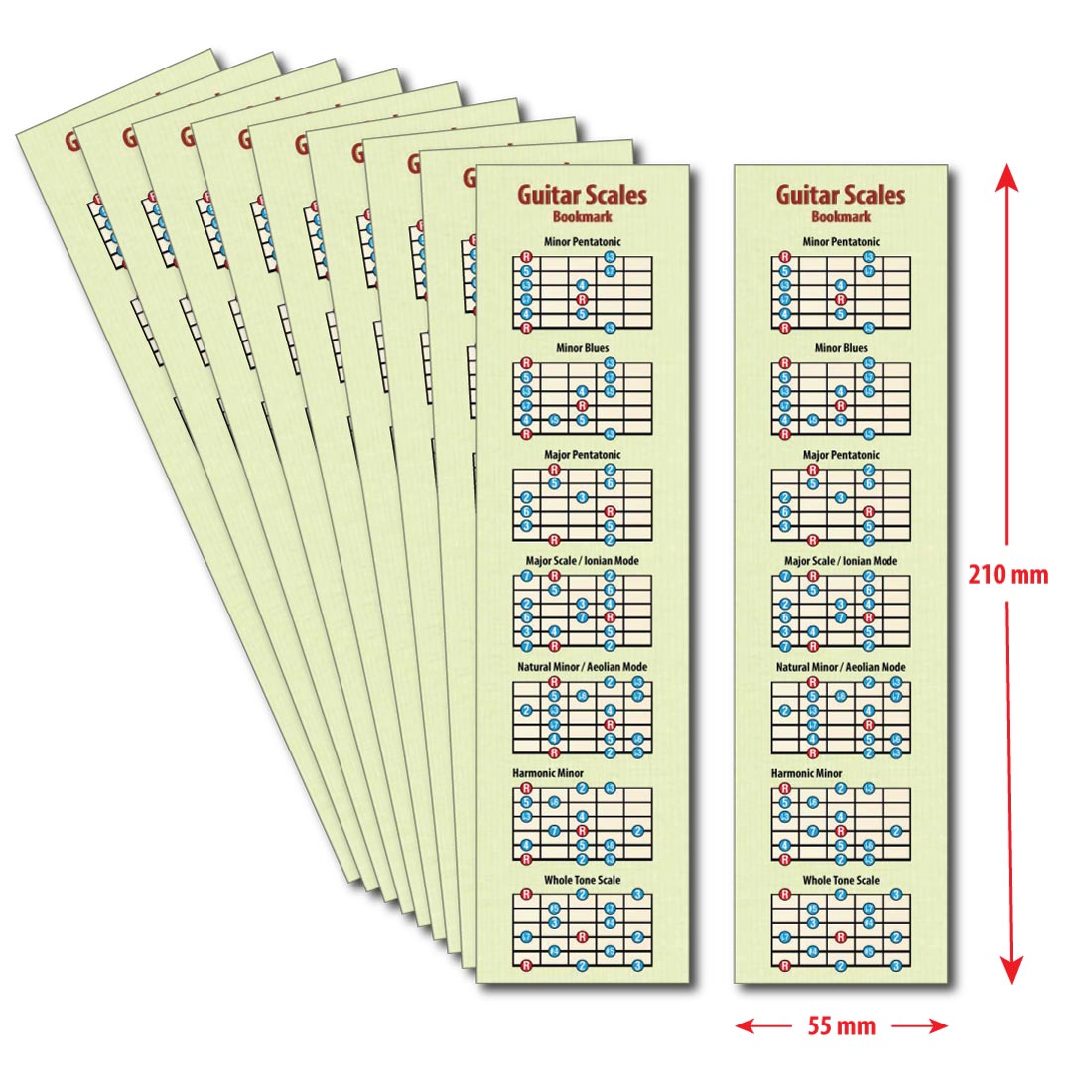A Guitar Scales bookmark with the dimensions beside and below it, showing height of 210mm and width of 55mm, and a further 9 bookmarks fanned out on the left