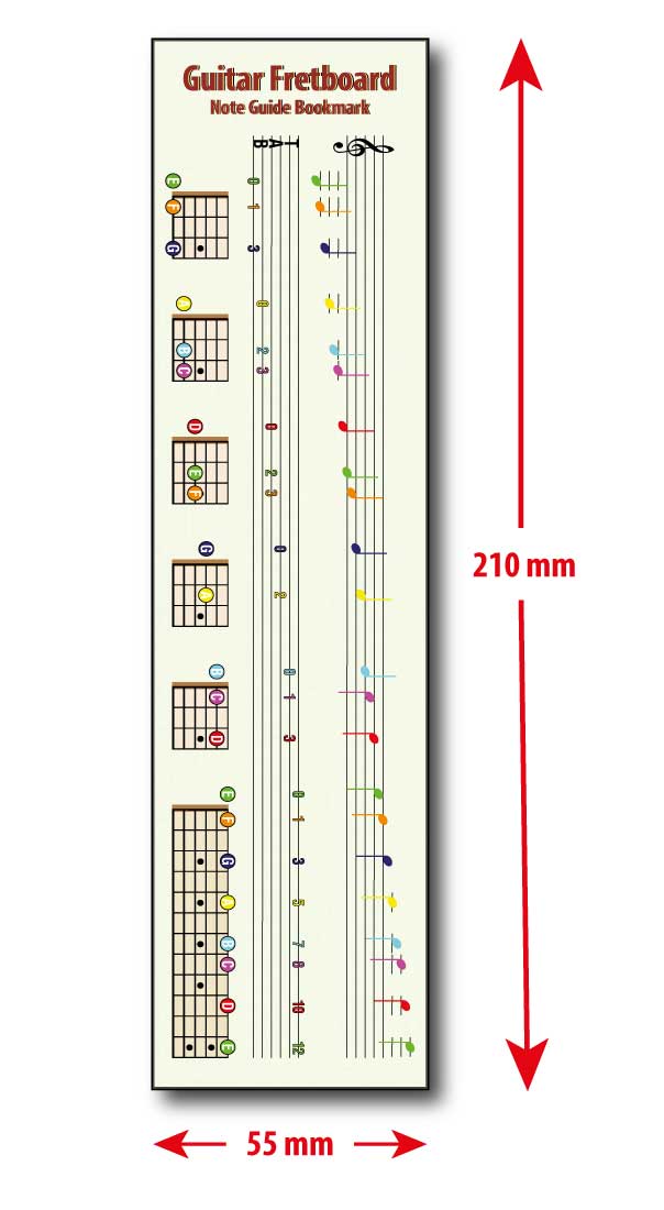 A single Guitar Fretboard Note Guide bookmark with the dimensions beside and below it, showing height of 210mm and width of 55mm