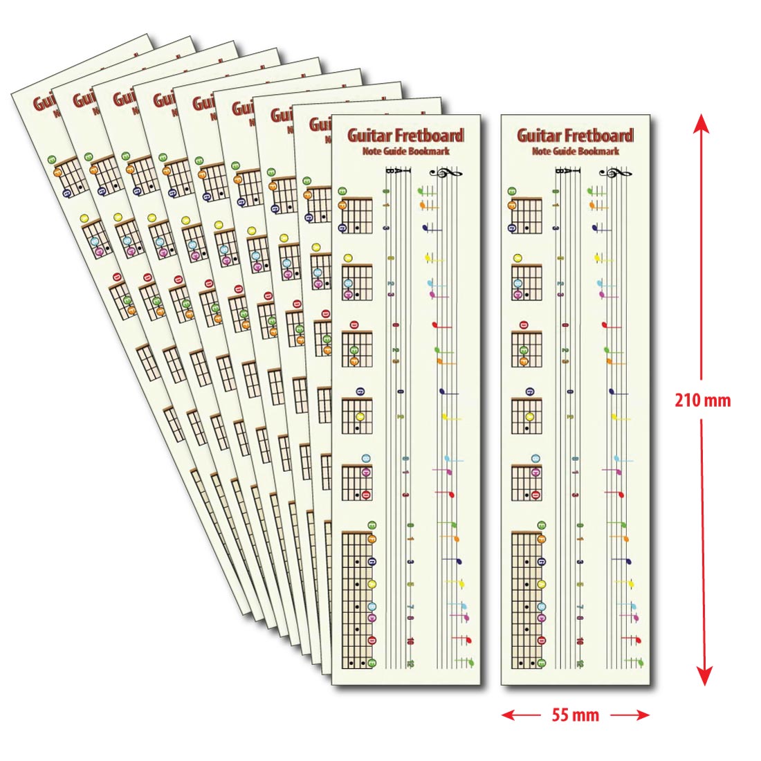 A Guitar Fretboard Note Guide bookmark with the dimensions beside and below it, showing height of 210mm and width of 55mm, and a further 9 bookmarks fanned out on the left