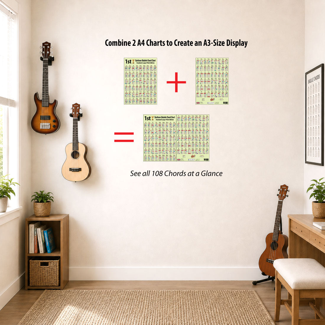Two A4 Baritone Ukulele Chord Charts displayed side by side to create an A3-size display showing all 108 chords at a glance