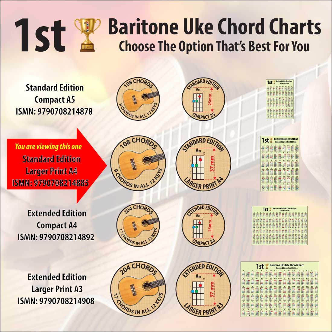 Hamcor 1st Baritone Ukulele Chord Chart range showing Standard and Extended editions in A5, A4 and A3 sizes