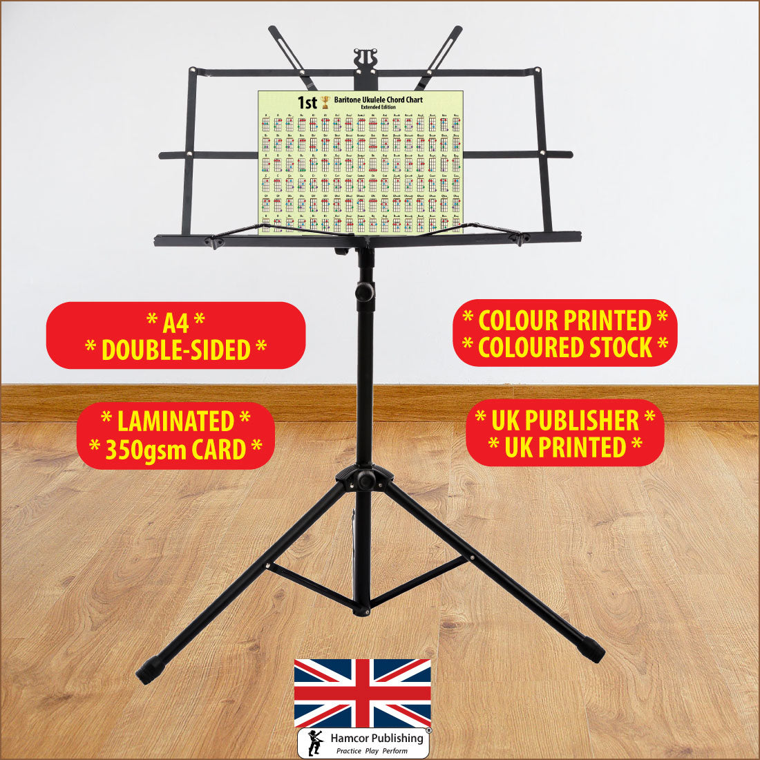 Hamcor Baritone Ukulele Chord Chart Extended A4 displayed on a music stand, double-sided, laminated and printed on 350gsm card