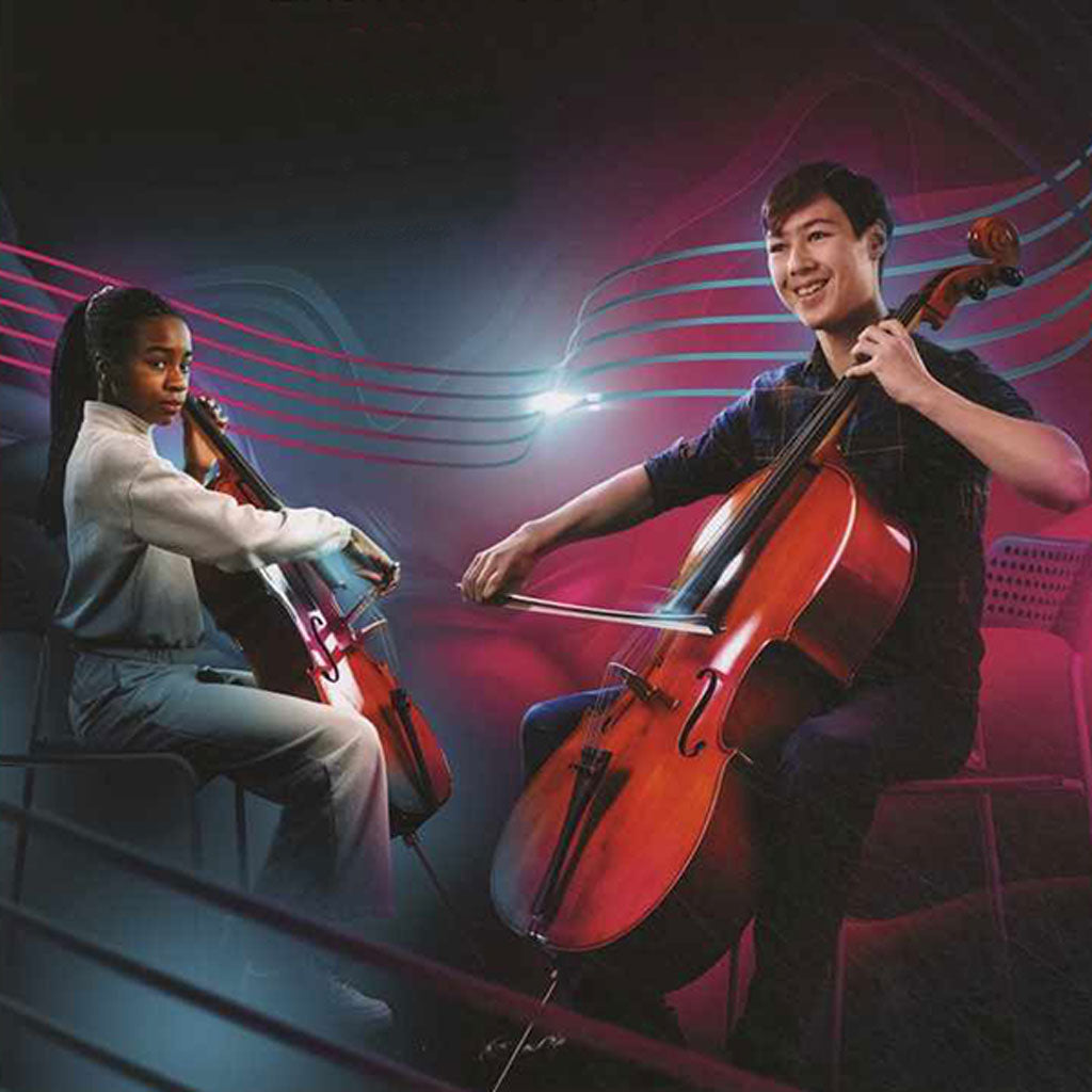 A boy and a girl, each playing a cello, taken from the front cover of an ABRSM cello exam book