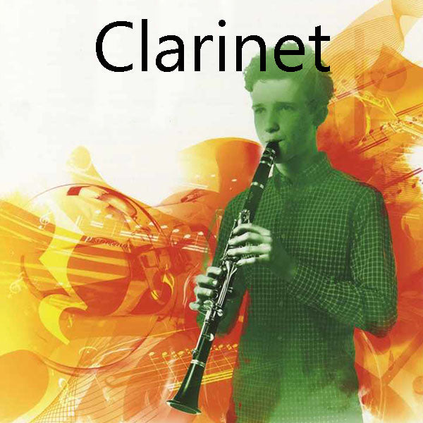 Image of a young man playing the clarinet. He is in shades of green and the background is all shades of orange. Taken from the front cover of the ABRSM clarinet beek