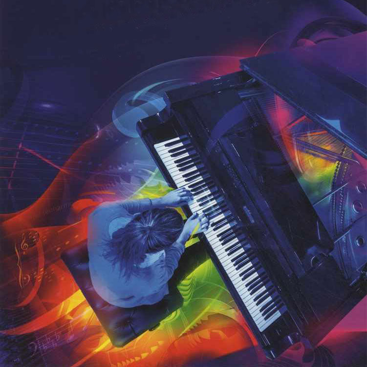 Birds eye view of someone playing a grand piano, with colours altered to mainly blues and purples, taken from the front coverr of an ABRSM piano scales & arpeggios book