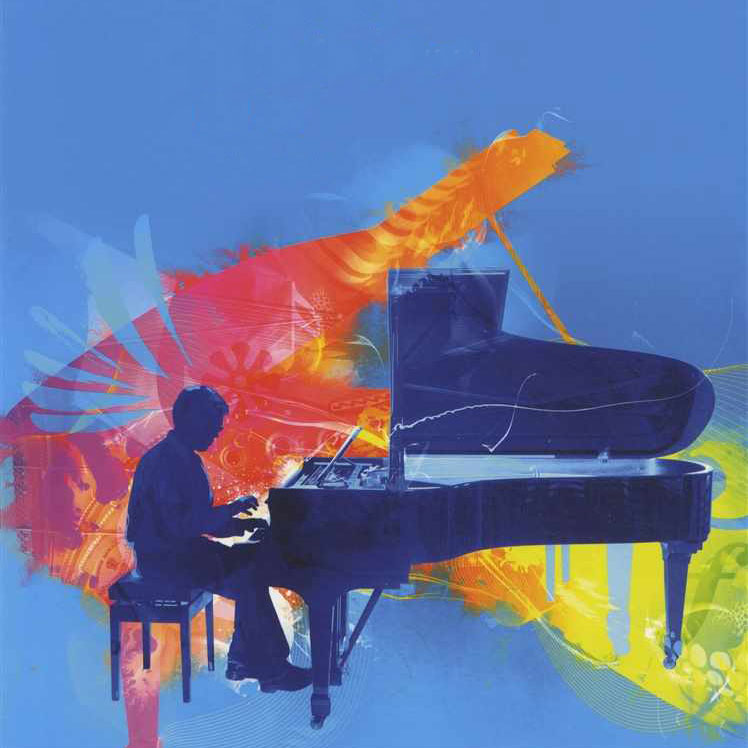 Silhouette side view of someone playing a grand piano, invery dark blue with a lighter blue background, taken from the front cover of an ABRSM piano specimen sight reading book