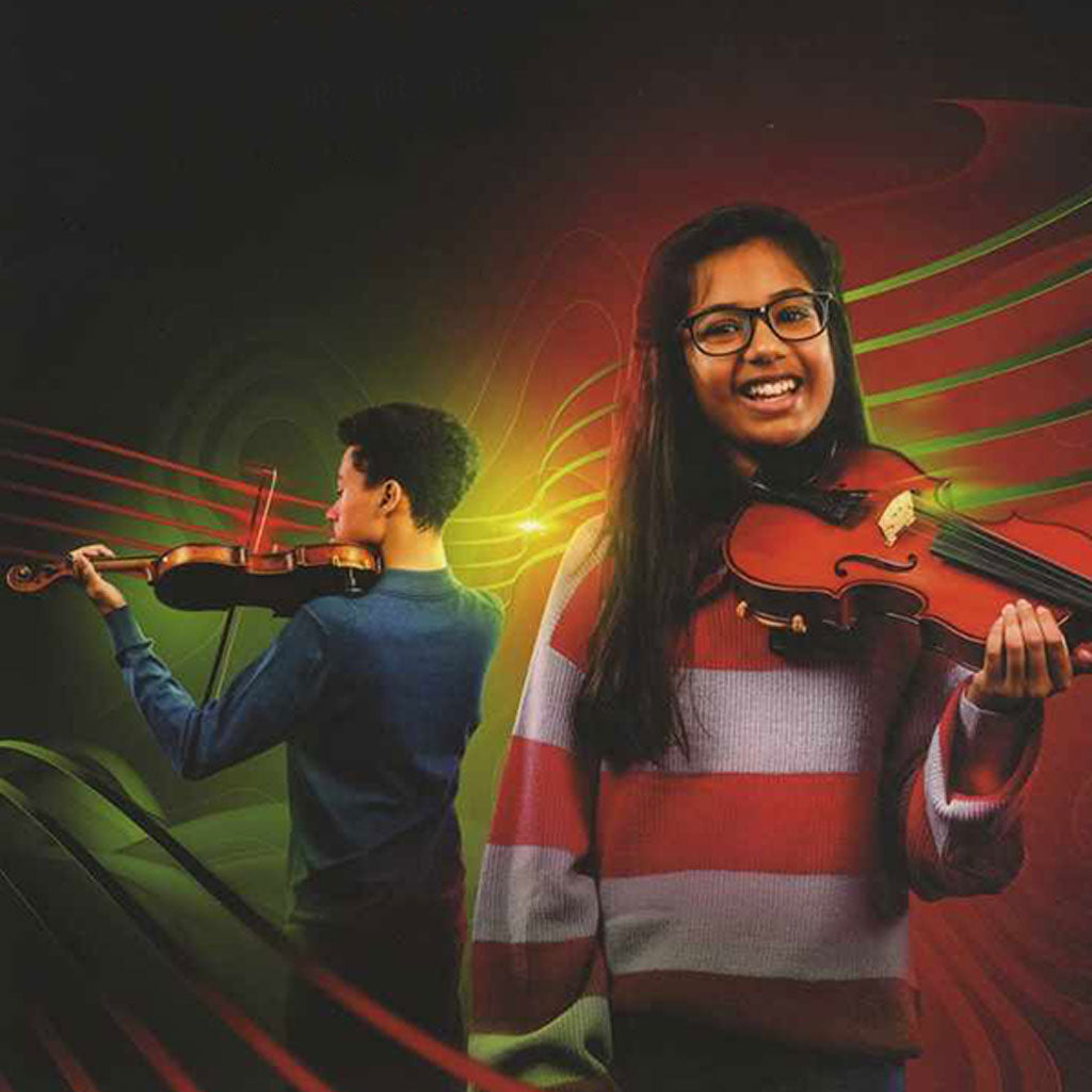 Girl in foreground facing towards, boy in backgrouind facing away, both playing the violin, taken from the front cover of an ABRSM violin exam book