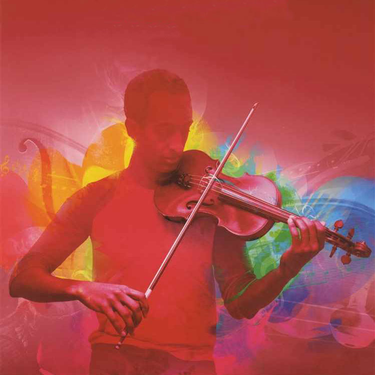 Man wearing a tee shirt playing the violin. Image has been edited so that nearly everything is in different shades of red, taken from the front cover of an ABRSM violin scales & arpeggios book