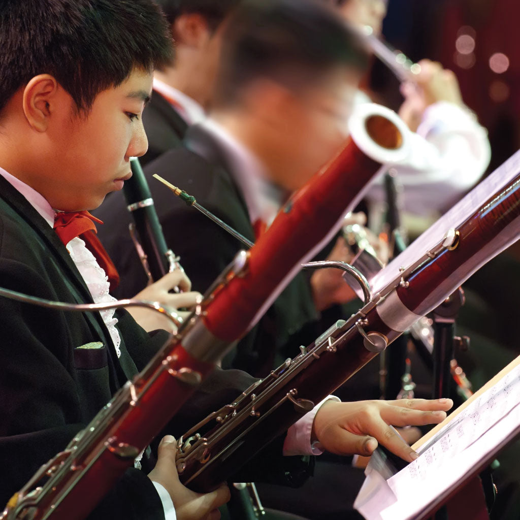 Young man with a bassoon in an orchestra