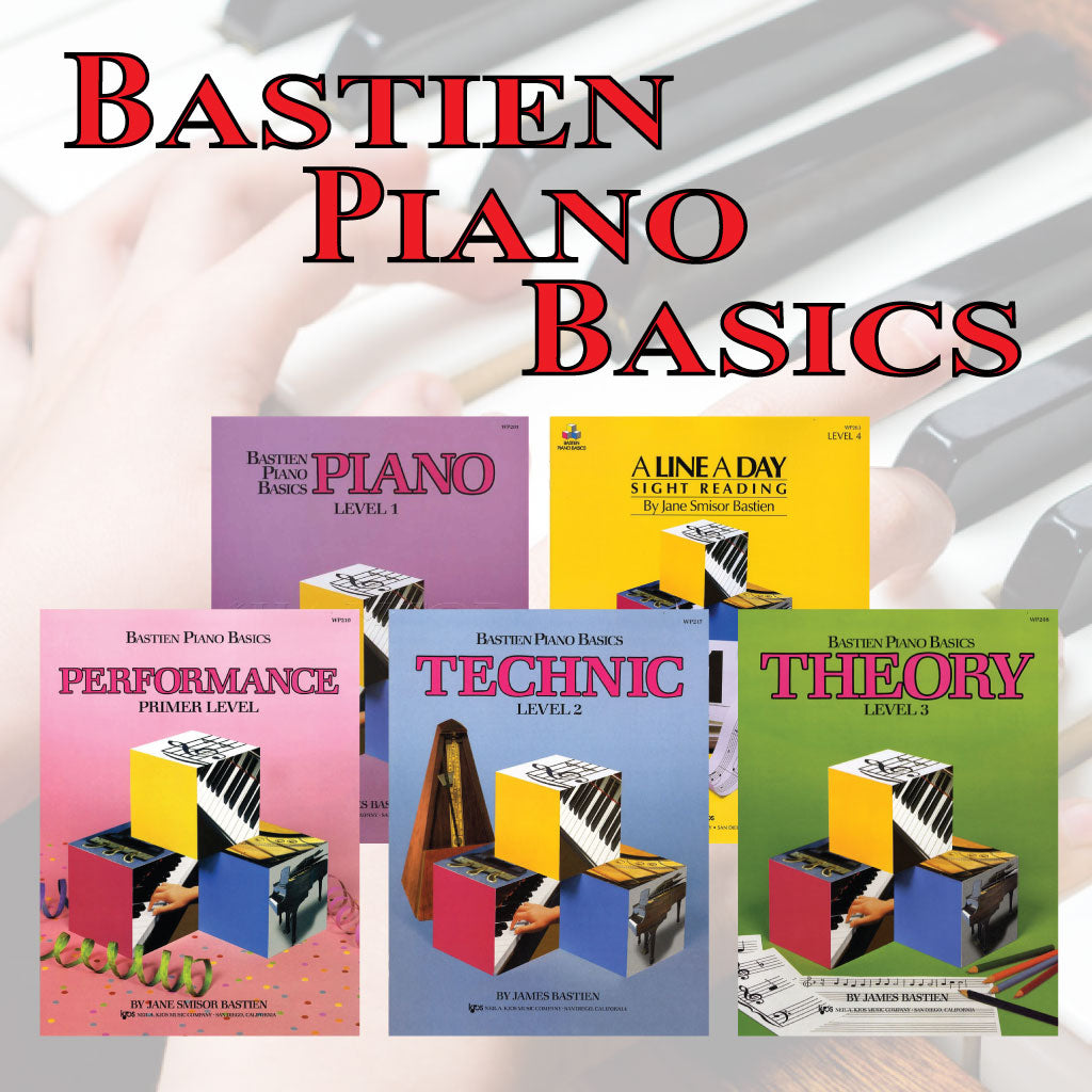 All 5 different Bastien Piano Basics books - Piano, Performance, Technic, Theory, and A Line a Day