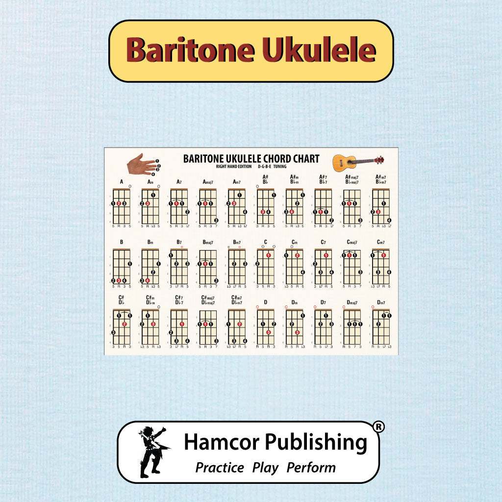 Baritone Ukulele Chord Chart on a blue background, together with the title Baritone Ukulele and the Hamcor Publishing logo