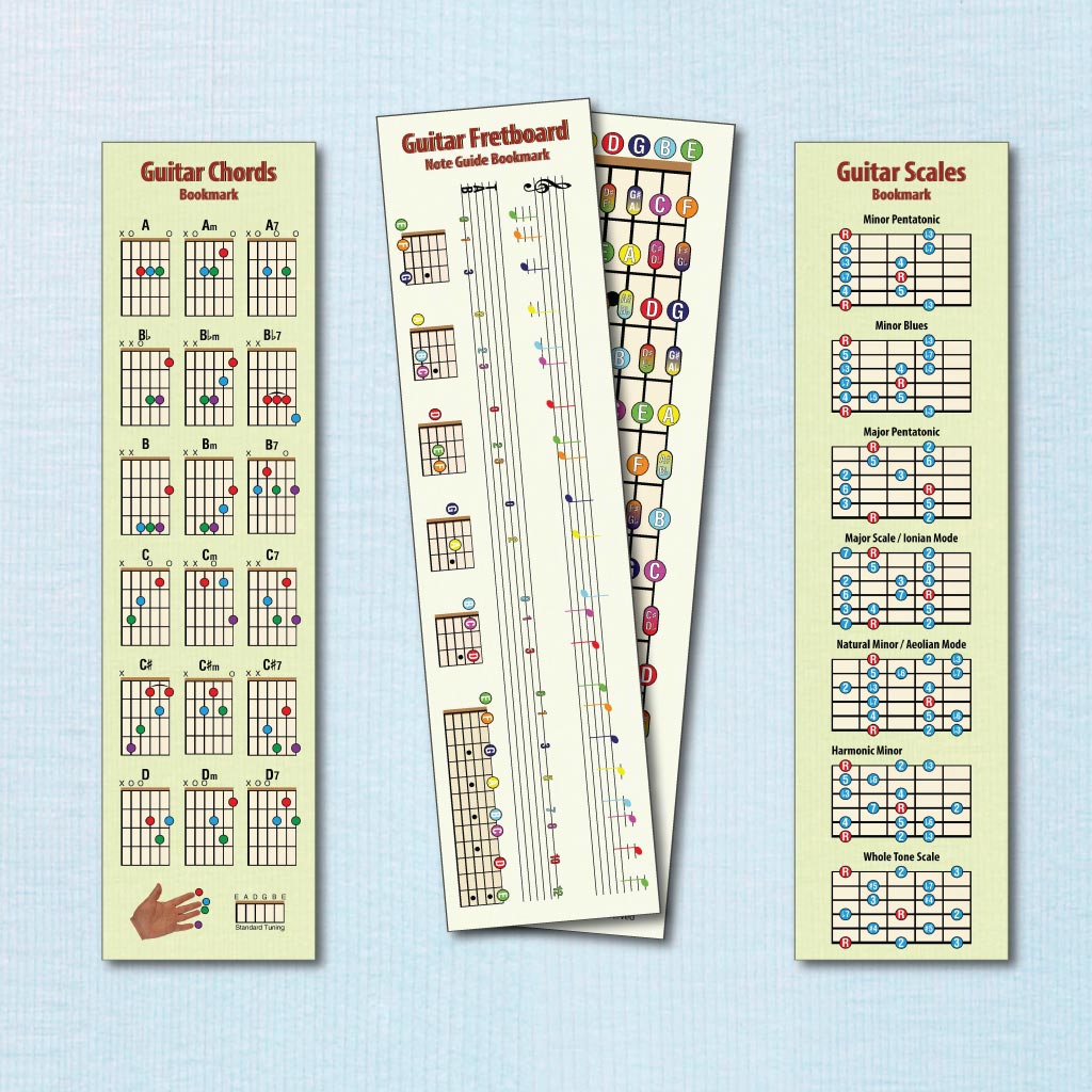 All 3 guitar bookmarks on a blue woodgrain background