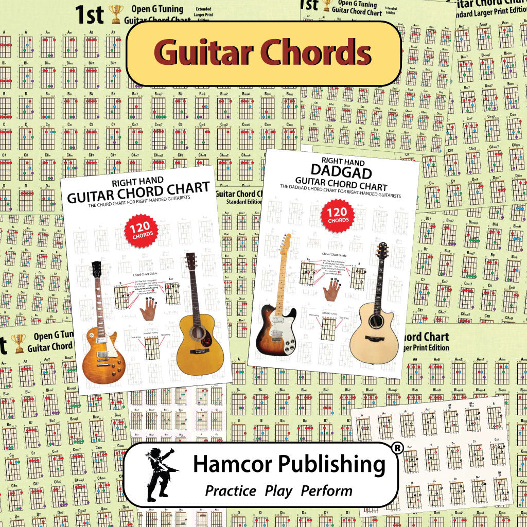 All of the different guitar chord charts as a wallpaper with the title Guitar Chords and the Hamcor Publishing logo