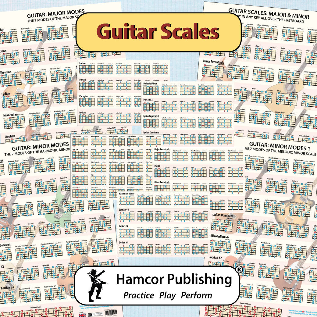 Wallpaper consisting of all the Guitar Scale Charts and Posters, with the title Guitar Scales, and the Hamcor Publications logo