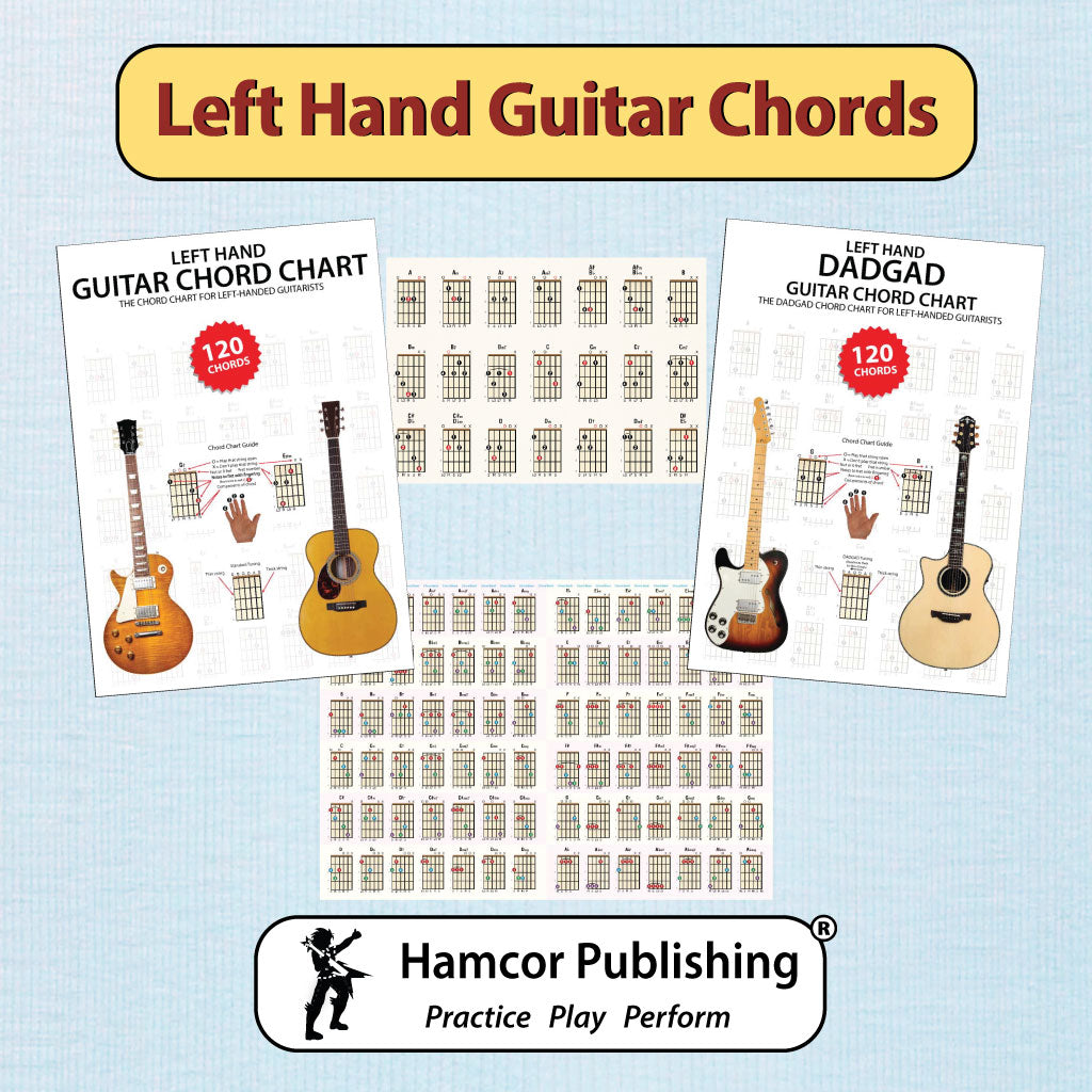 Image showing the four left-handed chord charts, with the title Left Hand Guitar CHords and the Hamcor Publishing logo