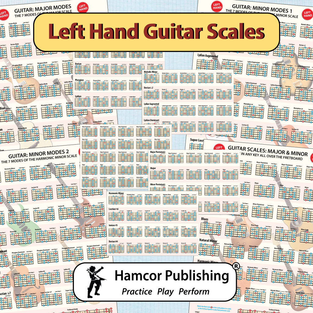 Wallpaper made from all the different Left Hand Scale Charts, together with the title Left Hand Guitar Scales and the Hamcor Publishing logo