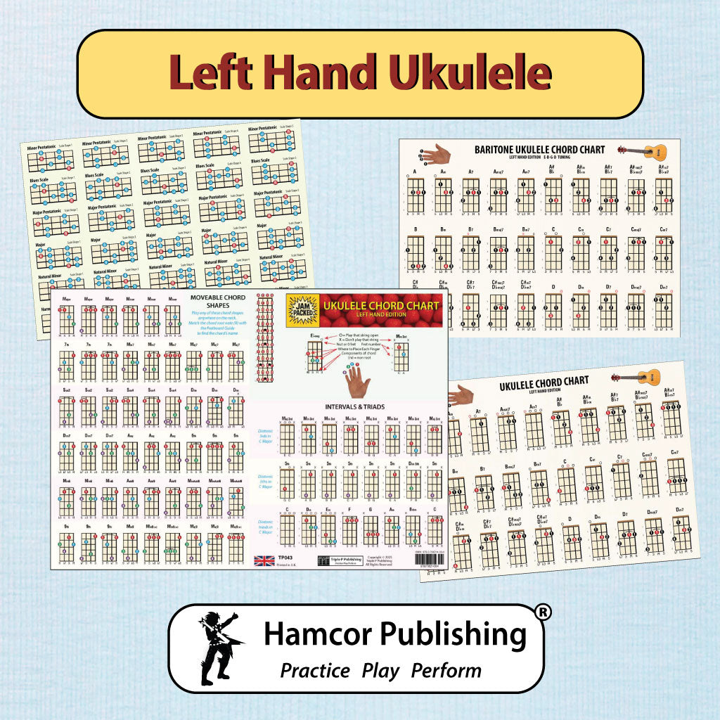 All 4 Left Hand Ukulele charts on a ble background, together with the title Left Hand Ukulele and the Hamcor Publishing logo