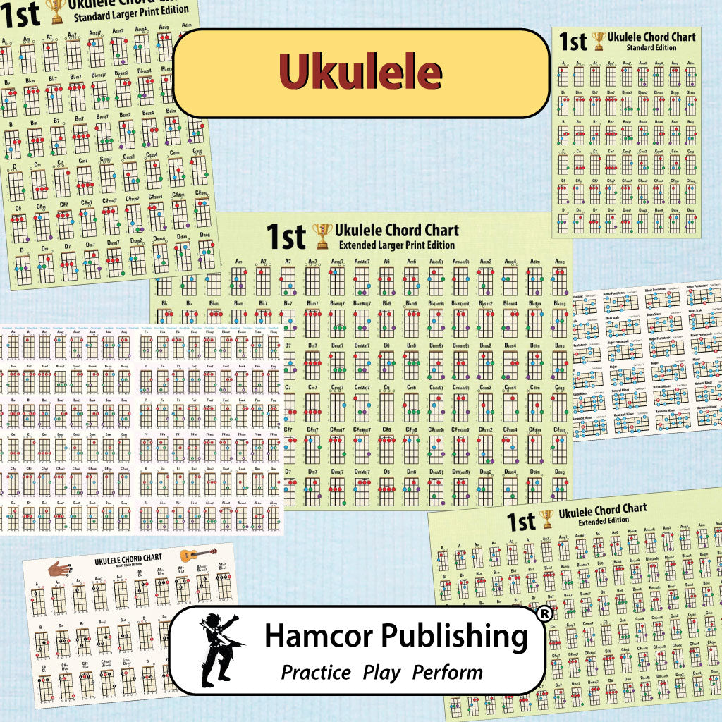 All of the ukulele charts, both chords and scales, on a blue background, with the title Ukulele and the Hamcor Publishing logo