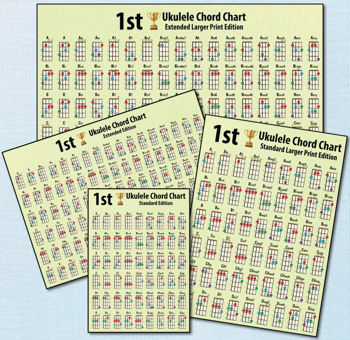 Image showing all 4 versions of the Hamcor 1st Ukulele Chord Charts