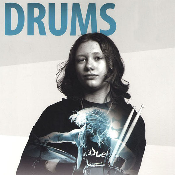 Young person holding drum sticks, with a drummer pewrforming superimposed over their shirt, and the title Drums