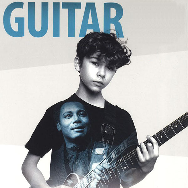 Young man with an electric guitar on a grey background. Super imposed on his tee shirt is an older guitarist performing. The title is GUITAR