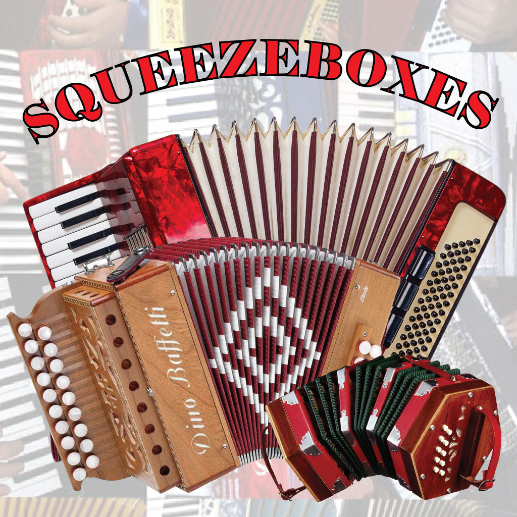 Squeezeboxes title with image of a piano accordion, a melodeon, and a concertina