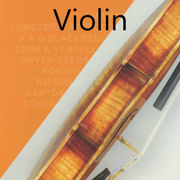 Picture of the side view of a violin body, taken from the front cover of the TCL Violin book, with the title Violin