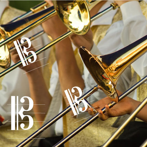 Trombone with bass clefd coming out the soundhole