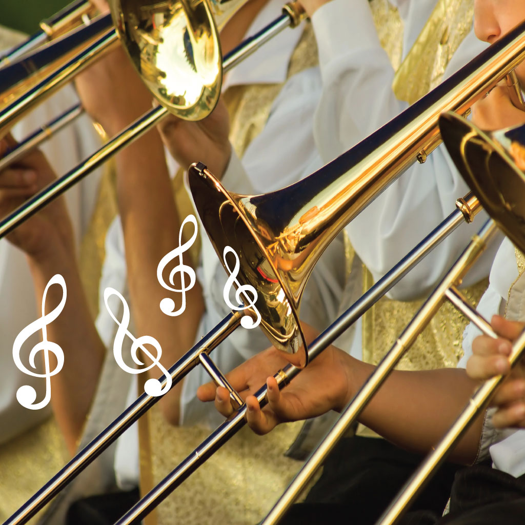 Trombone players with treble clefs coming out of the instrument