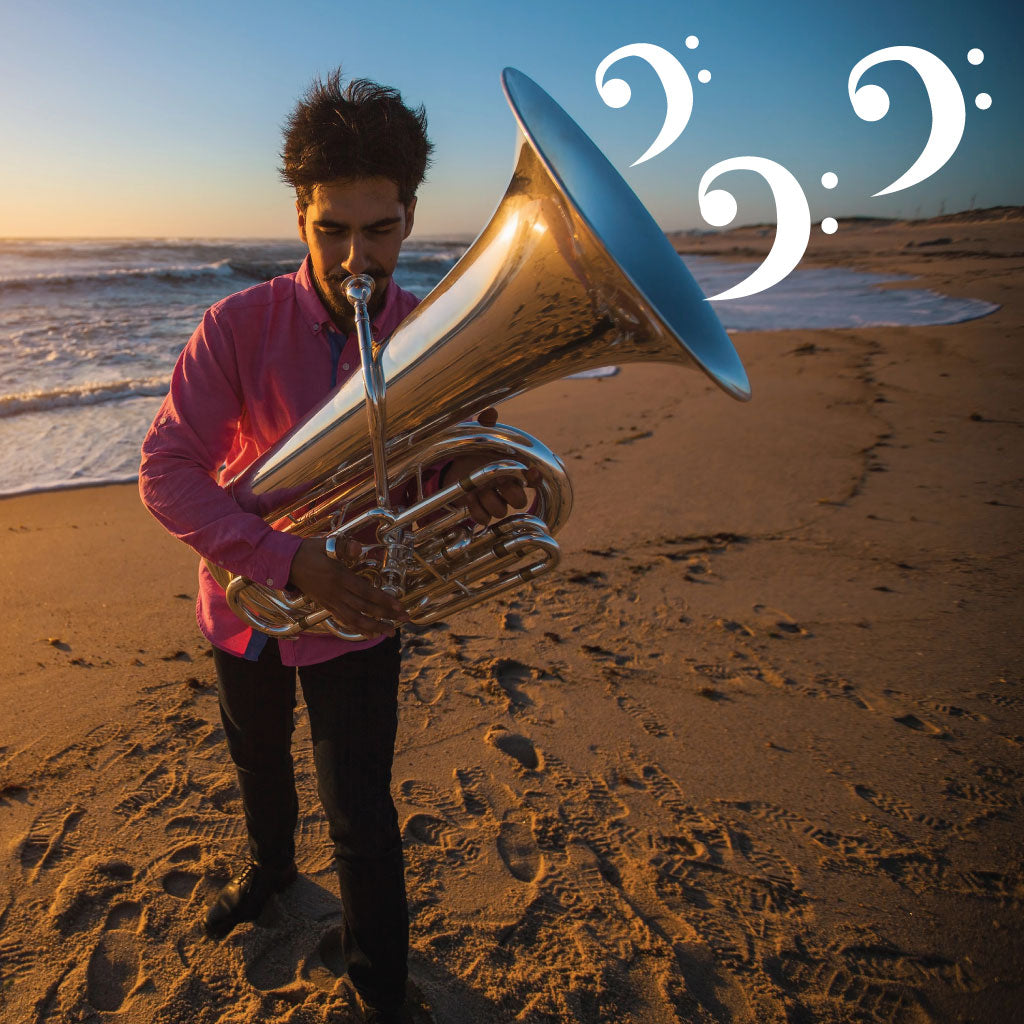 Man playing the tuba on a beach, with bass clef symbols coming out of the bell