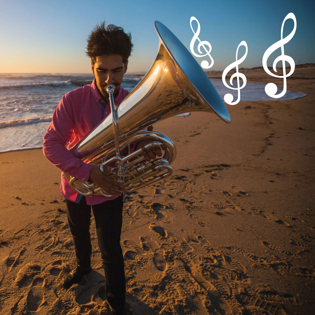 Man playing a tuba on the beach, with treble clefs coming out of the bell