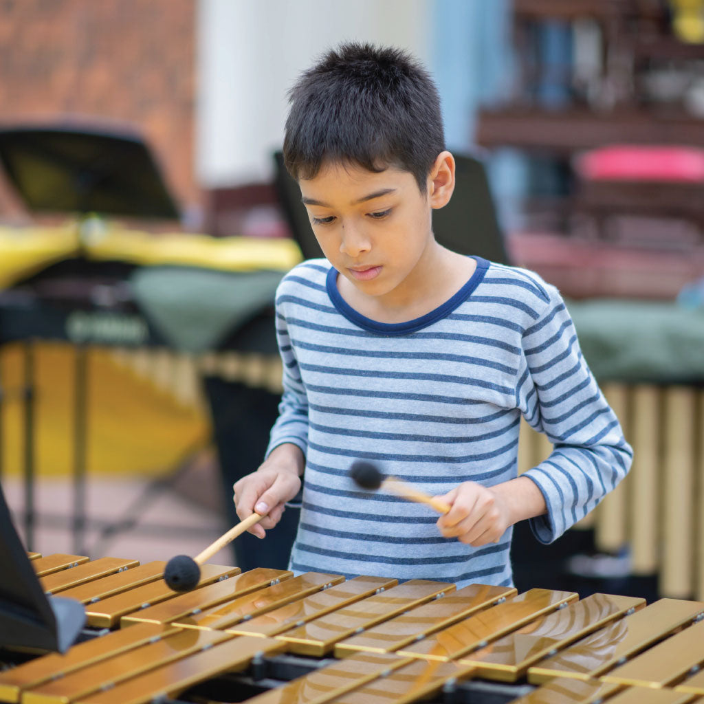 Young boy in a striped jersey playing a vibraphone with two mallets in a music room