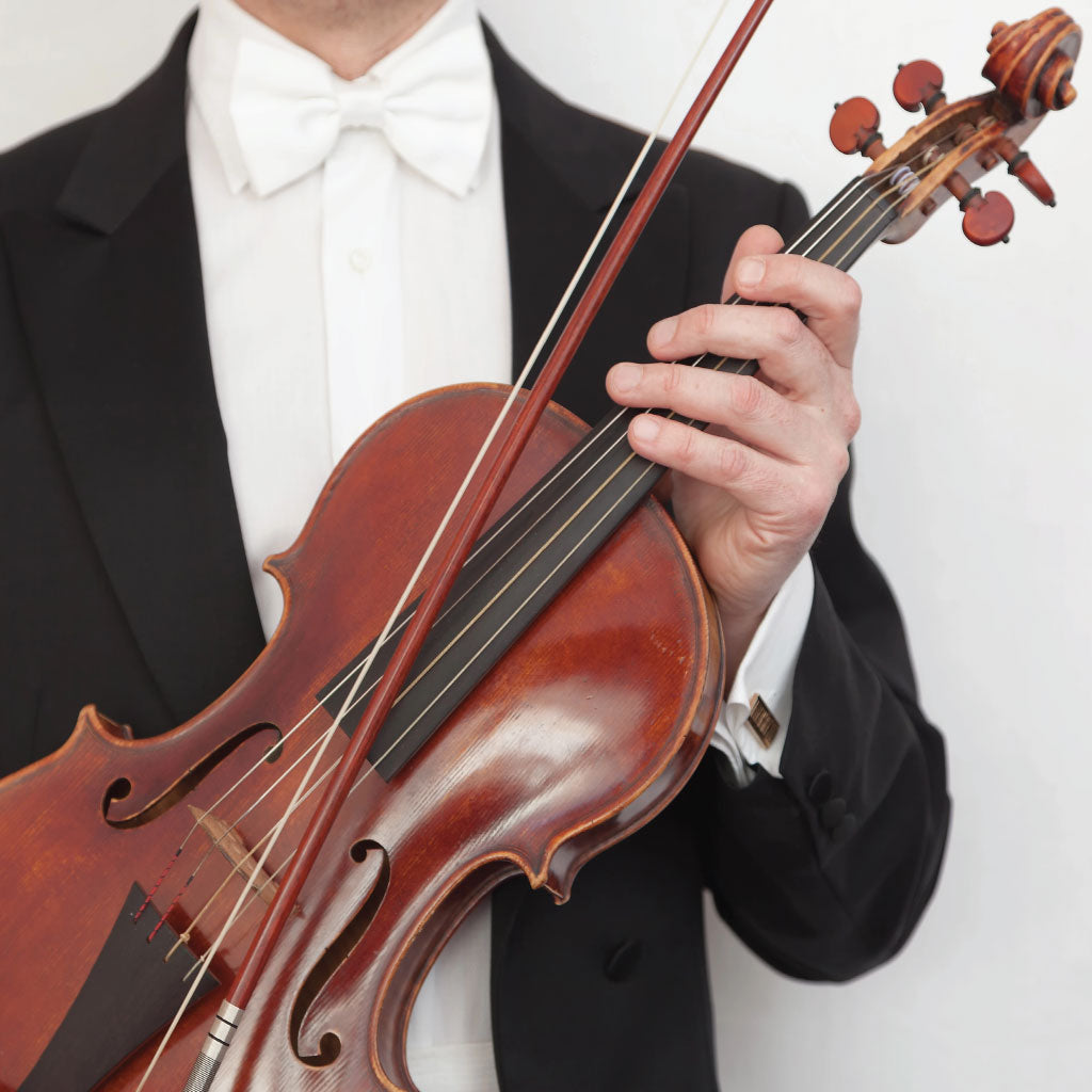 Close-up of a man in a tuxedo holding a viola