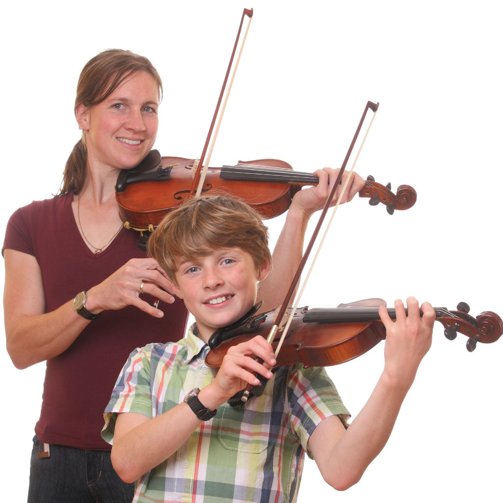 A woman and a boy playing the violin with a white background