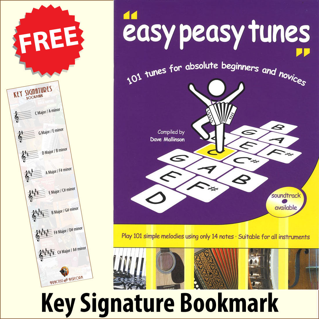 front cover of Easy Peasy Tunes Music Book together with free Treble Clef bookmark