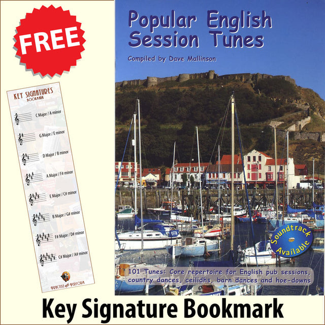 front cover of Popular English Session Tunes Music Book together with free Treble Clef bookmark