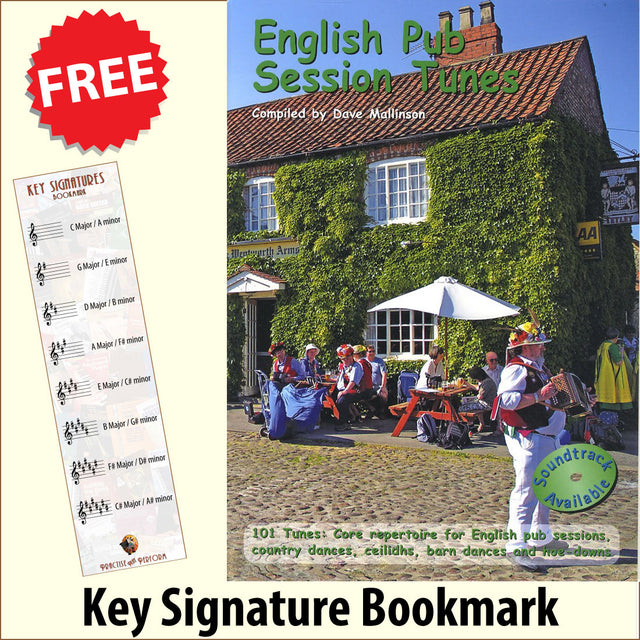 front cover of English Pub Session Tunes Music Book together with free Treble Clef bookmark