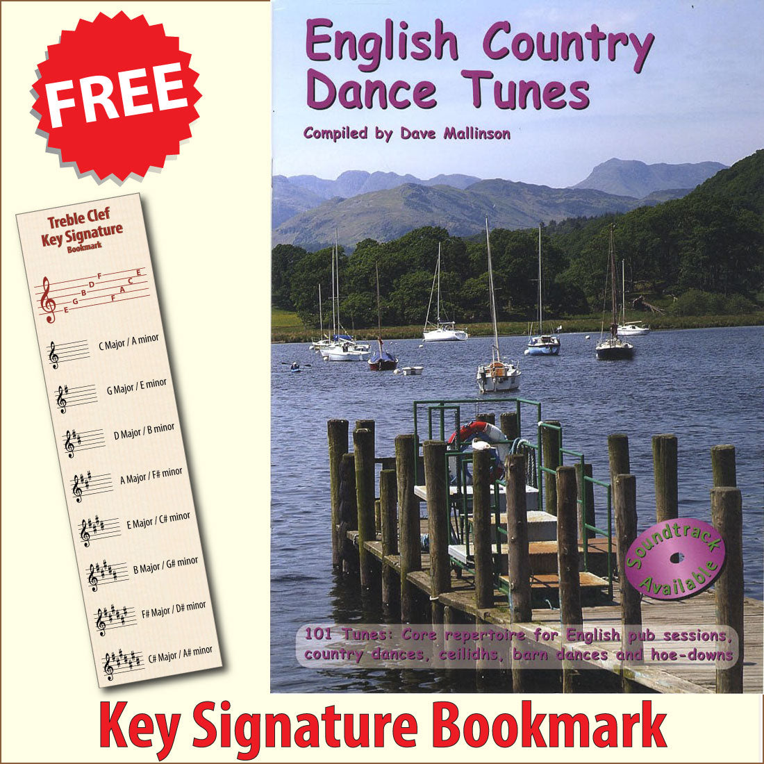 front cover of English Country Dance Tunes Music Book together with free Treble Clef bookmark