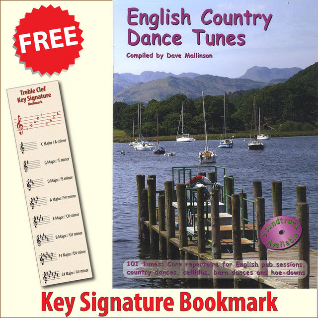 front cover of English Country Dance Tunes Music Book together with free Treble Clef bookmark