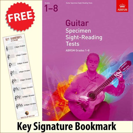 front cover of ABRSM Guitar Specimen Sight-Reading Tests Grades 1-8 together with free Treble Clef bookmark