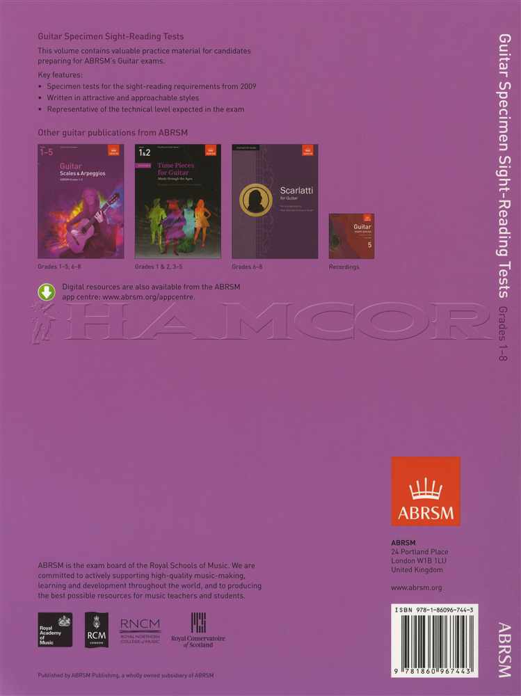 back cover of ABRSM Guitar Specimen Sight-Reading Tests Grades 1-8