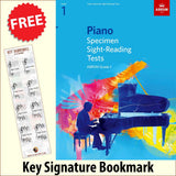 front cover of ABRSM Piano Specimen Sight-Reading Tests Grade 1 together with free Piano Clef bookmark