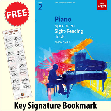 front cover of ABRSM Piano Specimen Sight-Reading Tests Grade 2 together with free Piano Clef bookmark