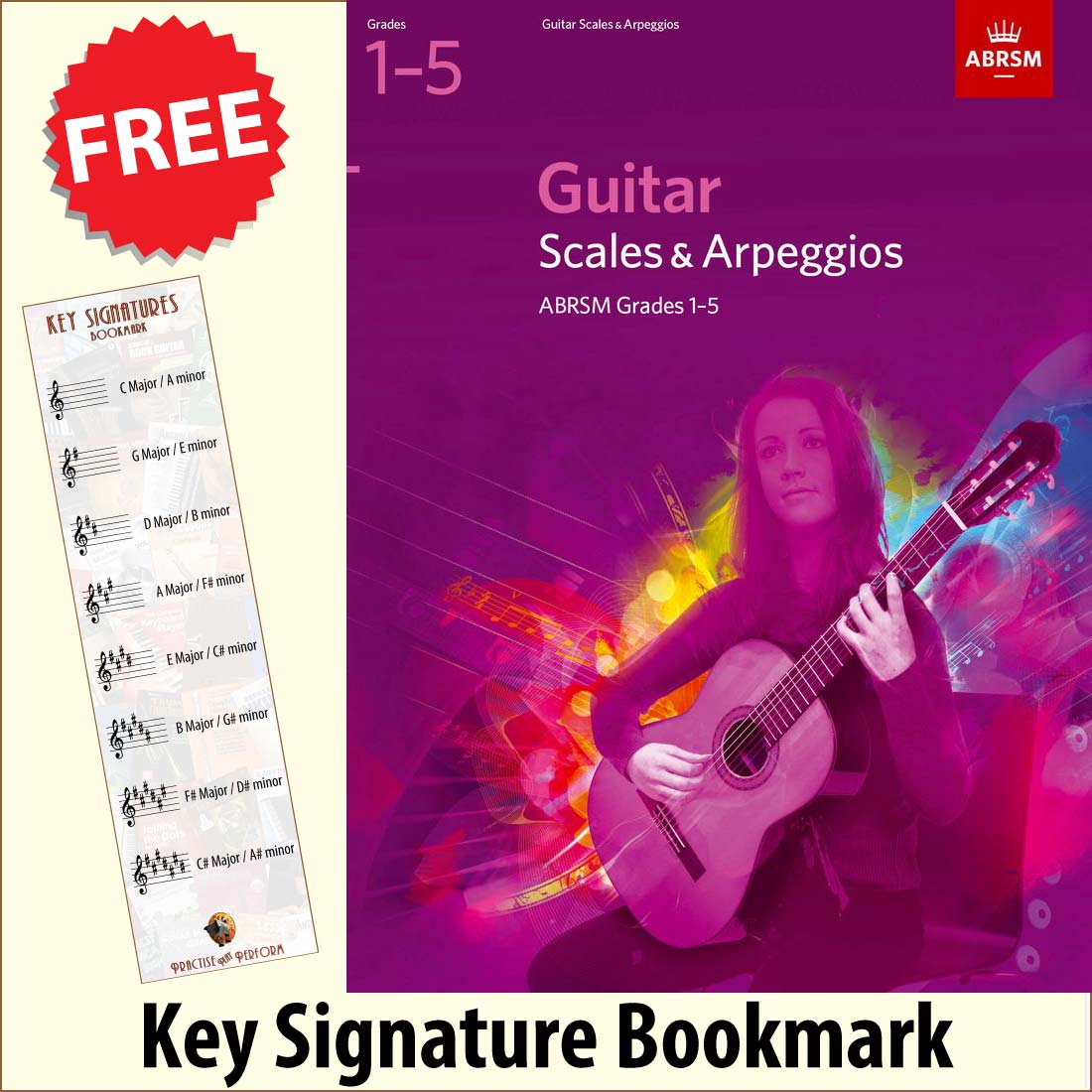 front cover of ABRSM Guitar Scales & Arpeggios Grades 1-5 together with free Treble Clef bookmark