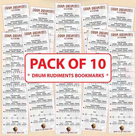 10 drum rudiments bookmarks on a wood effect background