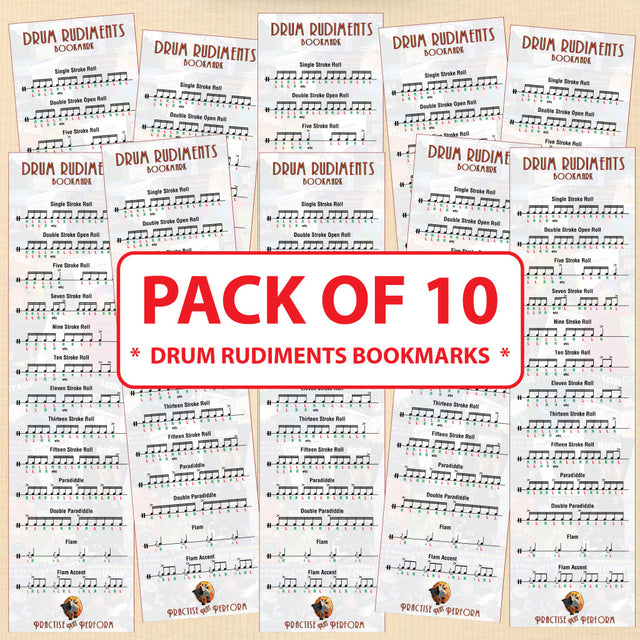 10 drum rudiments bookmarks on a wood effect background