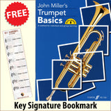 front cover of John Miller's Trumpet Basics together with free Treble Clef bookmark