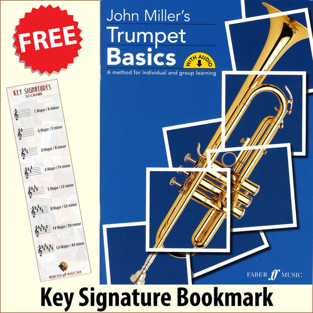 front cover of John Miller's Trumpet Basics together with free Treble Clef bookmark