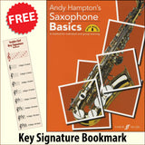 front cover of Andy Hampton's Saxophone Basics together with free Treble Clef bookmark