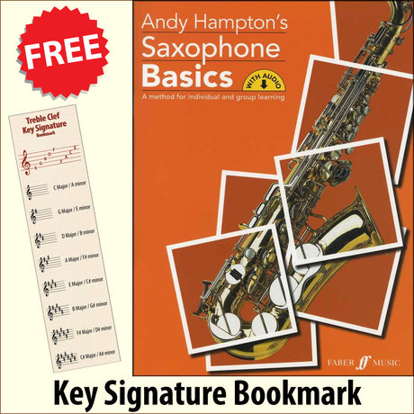 front cover of Andy Hampton's Saxophone Basics together with free Treble Clef bookmark
